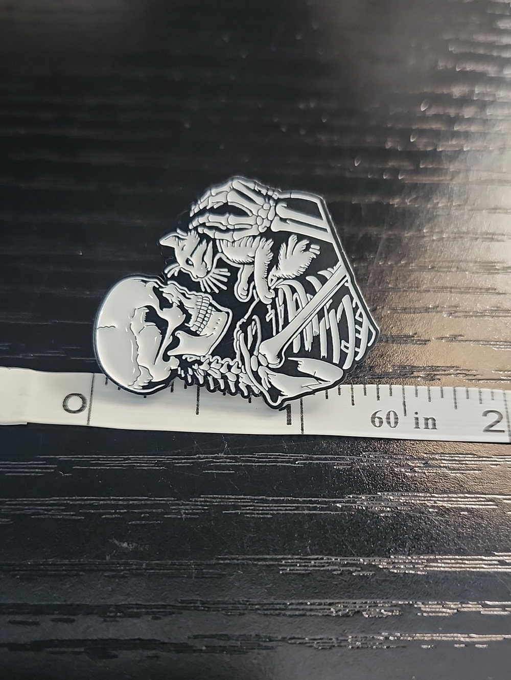 Black & White Skeleton Holding Cat Enamel Pin - Picture 3 of 4